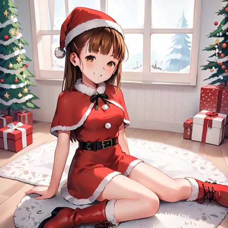 score_9, score_8_up, score_7_up, anime_source, source_anime, best background, detailed background, anime screencap, (best quality, ultra detailed), good eyes, perfect eyes, detailed eyes, detailed face, 
hideousbeing, hideousbeingStyle, 1girl, large breast, solo, brown hair, medium-long hair, straight hair, brown eyes, bangs, happy, looking at viewer, 
BREAK
<lora:sexy santa_pony_V1.1:0.7> belt, boots, capelet, christmas, dress, short dress, bare legs, hat, santa costume, santa hat, 
BREAK
sitting on the floor, ((wariza)), <lora:Wariza 2-000007:1><lora:Decorating_Christmas_Tree:0.8> living room, carpet, furniture, Christmas decorations on the wall, Christmas tree, presents on the floor, window, at night, snow falling outside.