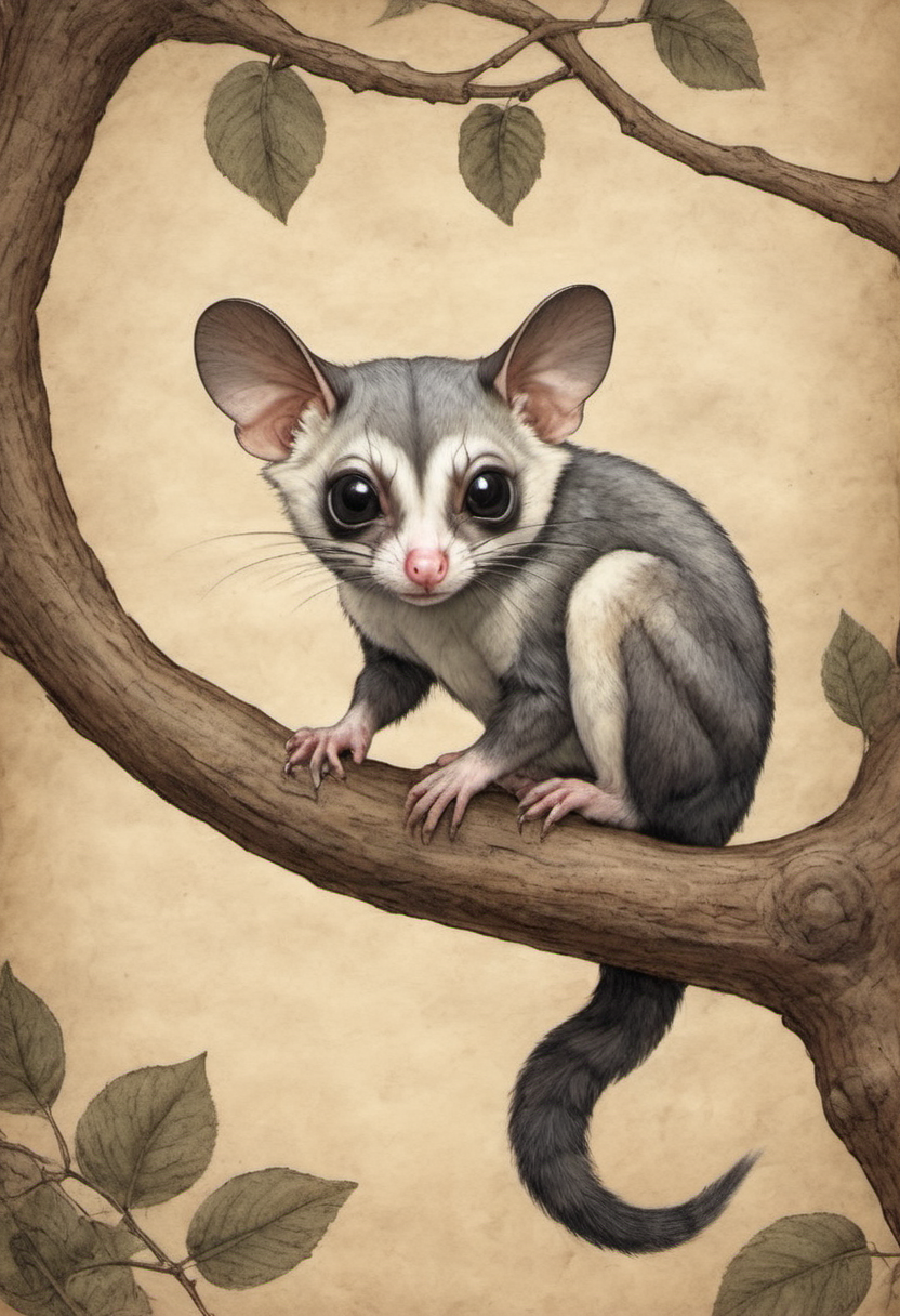 on parchment an adorable sugar glider in the upper branches of its forest