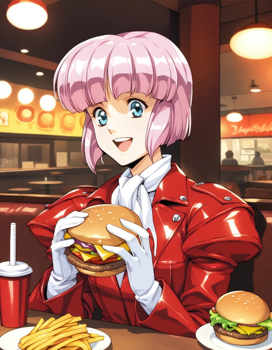 score_9, score_8_up, score_7_up
<lora:diana-silverneil-000030:1> diana silverneil, gloves, long sleeves, pleated skirt, red skirt, puffy sleeves, red coat,
1girl, solo, upper body, happy, burger, indoors, restaurant, dim lighting