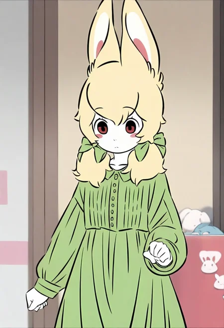 <lora:xiaoyu:1>,xiaoyu,1girl,solo,furry female,black eyes,red eyes,blonde hair,twintails,hair bow,animal ears,white skin,
green dress,dress,long sleeves,green bow,, masterpiece,best quality,amazing quality,absurdres, anime screenshot,