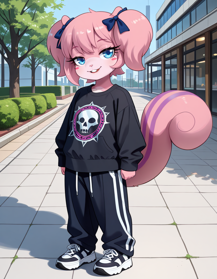 masterpiece, best quality, very aesthetic, absurdres,
outdoors, streetwear, 
full body, posing, 
seductive smile, parted lips, long eyelashes,
 <lora:Twiggy_v01_NAIXL:1>
Tw166y,1girl,solo,furry,furry female,squirrel girl,pink hair,squirrel ears,short hair,twintails,hair bow,blue eyes,blush stickers,animal nose,buck teeth,body fur,pink fur,squirrel tail,