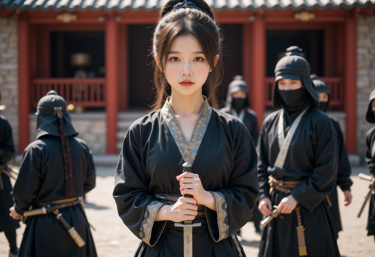 Chinese girl, 1girl, 1qqq, full body view, wei dynasty black hanfu, holding a sword, outdoor, chinese temple, cinematic scene, widescreen, surrounded by ninjas,