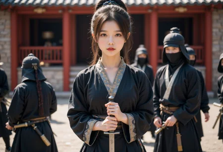 Chinese girl, 1girl, 1qqq, full body view, wei dynasty black hanfu, holding a sword, outdoor, chinese temple, cinematic scene, widescreen, surrounded by ninjas,