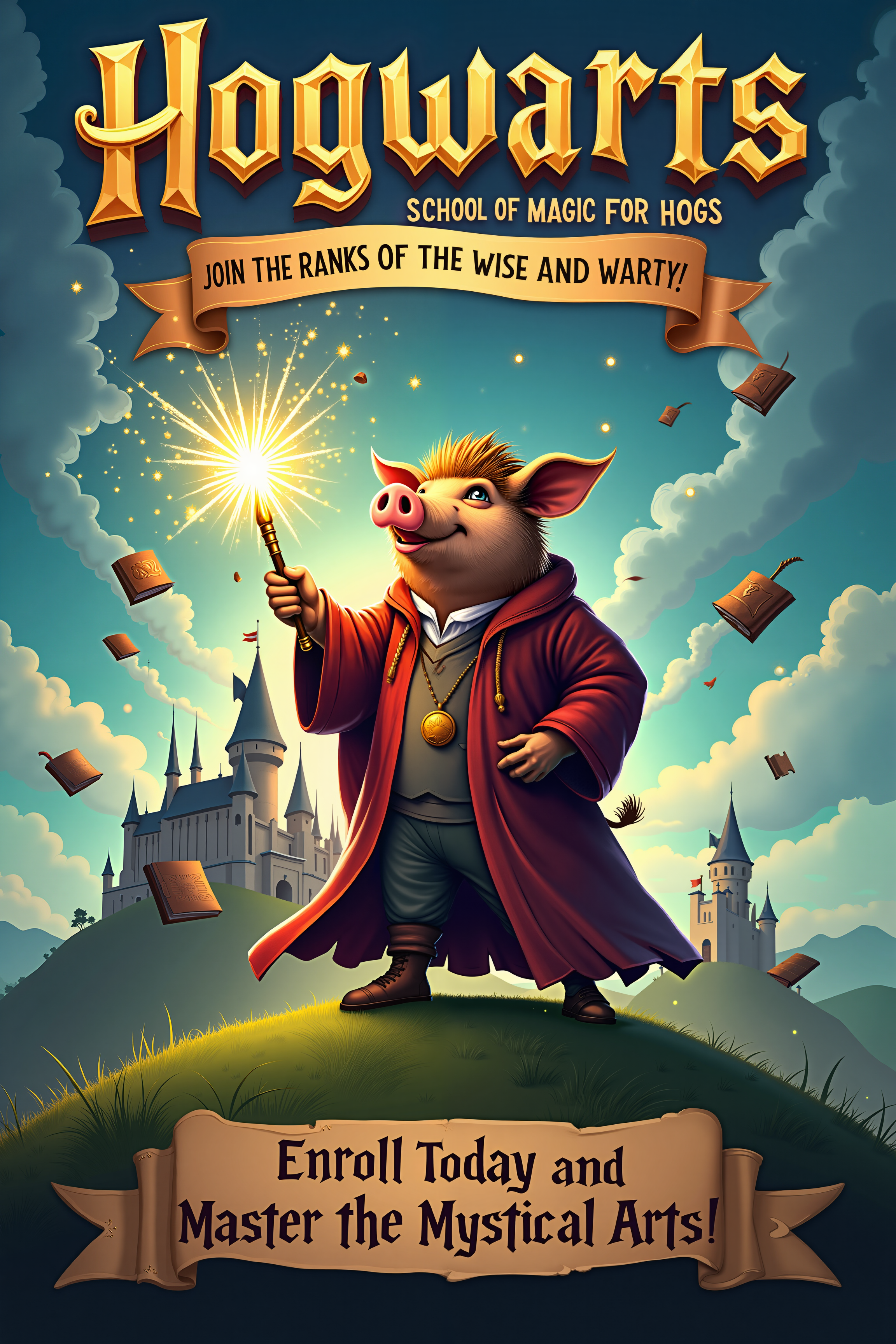 A whimsical recruiting poster for 'Hogwarts: School of Magic for Hogs,' featuring a proud, noble hog in a wizard's robe, holding a glowing wand with sparks of magic swirling around it. The hog stands atop a hill, with a majestic castle in the background, complete with turrets and banners flapping in the breeze. The sky is filled with enchanted flying books, broomsticks, and shimmering spell runes. The slogan across the top reads, 'Unleash Your Inner Magic! Join the Ranks of the Wise and Warty!' Below, the text encourages young hogs to 'Enroll Today and Master the Mystical Arts.' The poster is filled with vibrant colors, from the rich greens of the landscape to the sparkling gold of the magical effects, creating an enchanting and humorous invitation to a world where hogs harness the power of wizardry. Hyper-detailed, playful, fantasy-inspired, 16k resolution, enchanting and humorous, masterpiece.