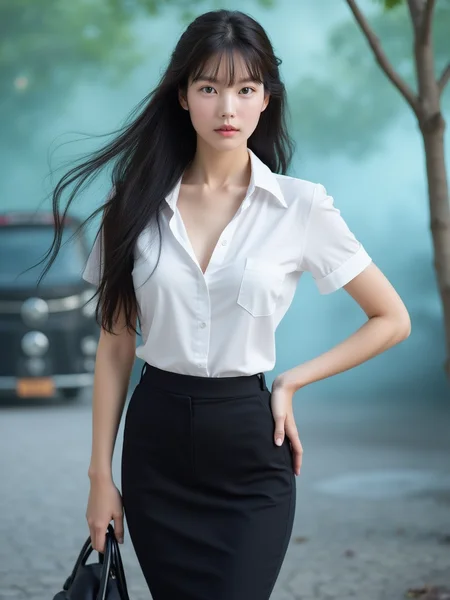 [12][24_94]Against a soft, true gradient blue background, a stunning real large breasts Japanese woman with long, flowing dark hair, her piercing gaze directly addressing the viewer. ground vehicle, motor vehicle, shirt, looking at viewer, skirt, tree, brown eyes, realistic, car, lips, outdoors, white shirt, photo background, black skirt, short sleeves, collared shirt