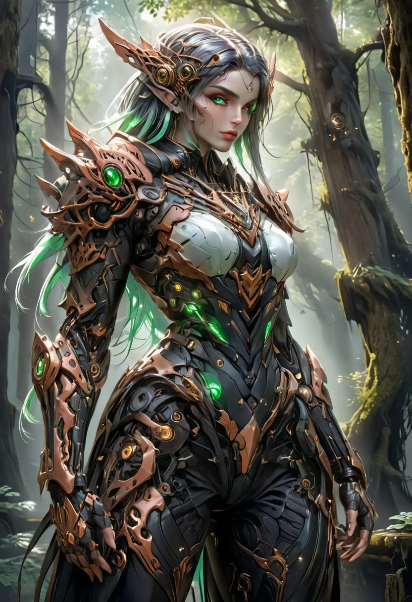 Cyber-Enchanted Elf, Female, 300-year-old, 25-year-old appearance, Moonlit silver skin, Emerald eyes, Raven hair, Flowing locks, Waist-length hair, Enchanted forest dweller, Copper cog arm, Mechanical lattice, Cybernetic limb, Elegant, Tall, Slim, Muscular, Dual heritage, Whispering Woods native, Exiled healer, Neonara city life, Empathetic touch, Unyielding, Adaptable warrior, Nature-meets-technology aesthetic, Forest-inspired adornments, Mystical tattoos, Flowing garb, Leather and metal outfits, Comfortable in chaos, Symbol of resilience, Healer's aura, Forest whisperer, Cyberpunk integration, Tranquil demeanor, Contradictory spirit, highest quality, highest resolution, 32k UHD, exquisite composition and lighting, dynamic angle, rich shadows, Hyperrealistic, absurdres, Highest resolution shadows, masterful lighting, masterpiece, highest quality, highest resolution, wide-gamut RGB color space, highest quality shadows, HDRi photo, realistic, realism, 1girl