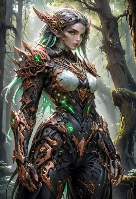 Cyber-Enchanted Elf, Female, 300-year-old, 25-year-old appearance, Moonlit silver skin, Emerald eyes, Raven hair, Flowing locks, Waist-length hair, Enchanted forest dweller, Copper cog arm, Mechanical lattice, Cybernetic limb, Elegant, Tall, Slim, Muscular, Dual heritage, Whispering Woods native, Exiled healer, Neonara city life, Empathetic touch, Unyielding, Adaptable warrior, Nature-meets-technology aesthetic, Forest-inspired adornments, Mystical tattoos, Flowing garb, Leather and metal outfits, Comfortable in chaos, Symbol of resilience, Healer's aura, Forest whisperer, Cyberpunk integration, Tranquil demeanor, Contradictory spirit, highest quality, highest resolution, 32k UHD, exquisite composition and lighting, dynamic angle, rich shadows, Hyperrealistic, absurdres, Highest resolution shadows, masterful lighting, masterpiece, highest quality, highest resolution, wide-gamut RGB color space, highest quality shadows, HDRi photo, realistic, realism, 1girl