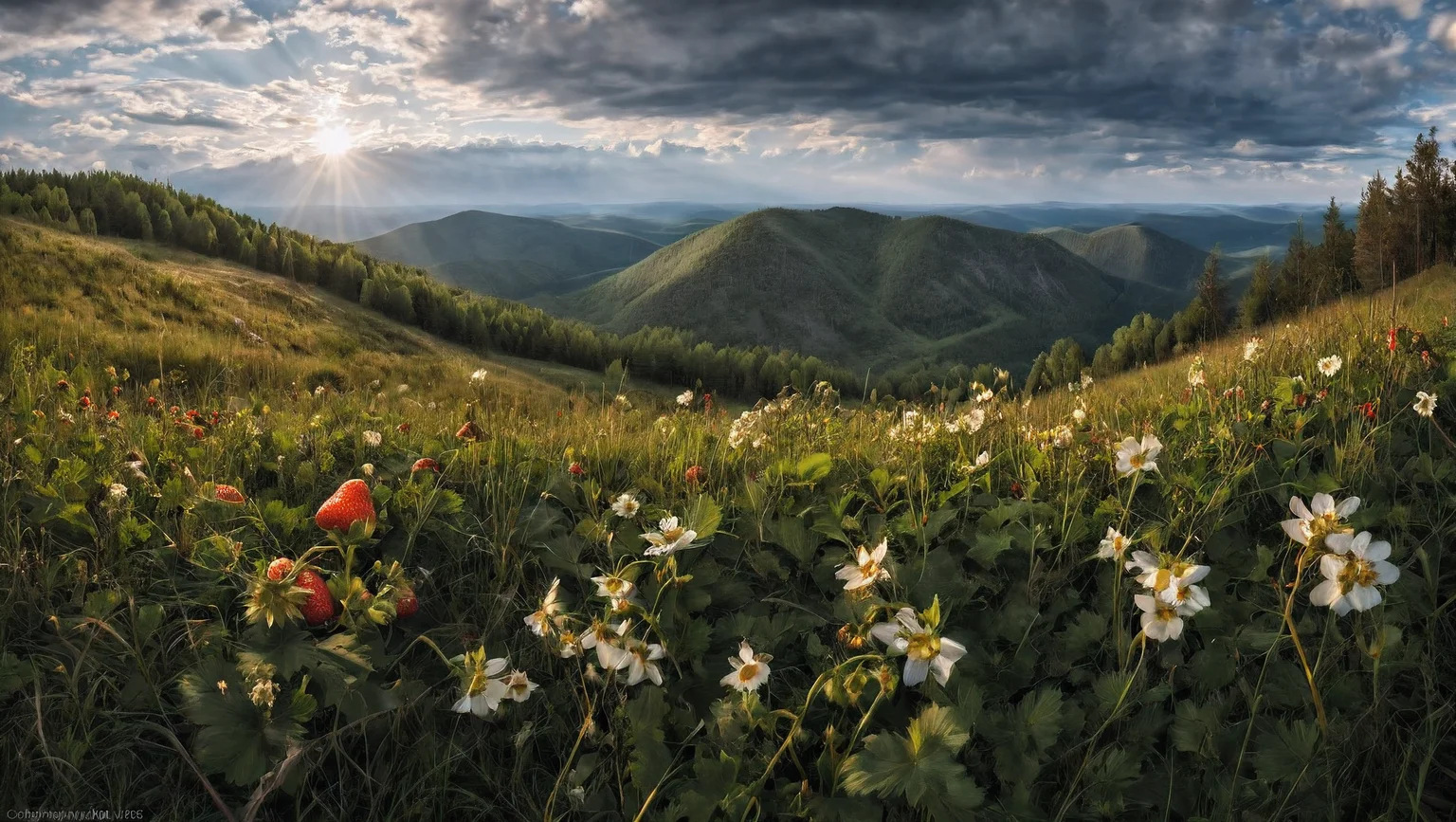 CINEMATIC SHOT, professional photo by Caravaggio of wild nature, Russia, summer, flowers, woods, hill, grass, birches, strawberries, sunshine, dramatic clouds, rule of thirds, view from surface, mountains in background, (by Christopher Nolan:1.4),F11,(DOF, Cinematic Color grading, intricate, hyper realistic, detailed, flickr, cinematic lighting) <lora:Wild_nature_XL:1>