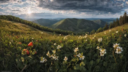 CINEMATIC SHOT, professional photo by Caravaggio of wild nature, Russia, summer, flowers, woods, hill, grass, birches, strawberries, sunshine, dramatic clouds, rule of thirds, view from surface, mountains in background, (by Christopher Nolan:1.4),F11,(DOF, Cinematic Color grading, intricate, hyper realistic, detailed, flickr, cinematic lighting) <lora:Wild_nature_XL:1>