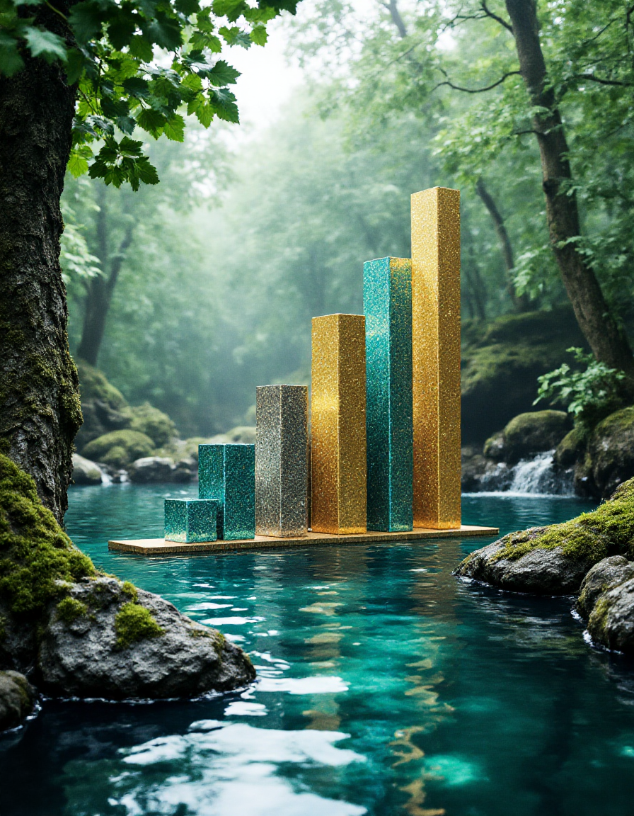 A 3d bar graph in a sea of artistic materials, 2d image, in a forest