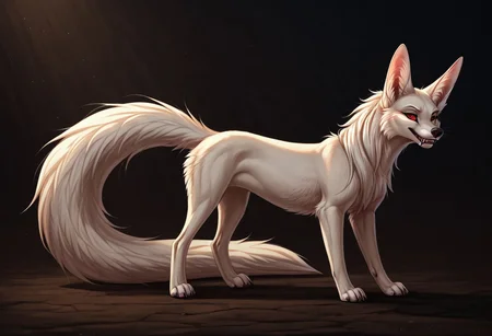 reallynxgirl_style, by Zackary911, by Kenket, by Kilinah, by fluff-kevlar, feral, mommy female white fennec fox, solo, long white hair, red eyes, fangs, full body, one big tail, dark background. dark priest with balck and red cloack, full body concept, realism
