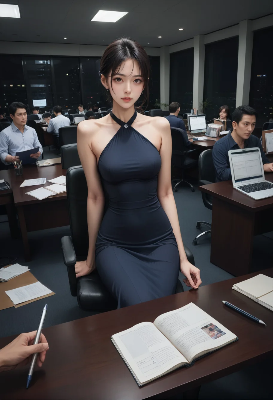 1girl,,ruanyi0932,blue dress,halter dress,sleeveless,cowboy shot,taut dress,skin tight,long dress,,ruanyi0922,indoors,office,night,holding notebook,
people,multiple boys,multiple girls,crowd,sitting,chair,<lora:0932 Home wear 9_v1_pony:0.8>,<lora:0922 office_v1_pony:0.7>, score_9,score_8_up,score_7_up,,8k,1girl,solo,,