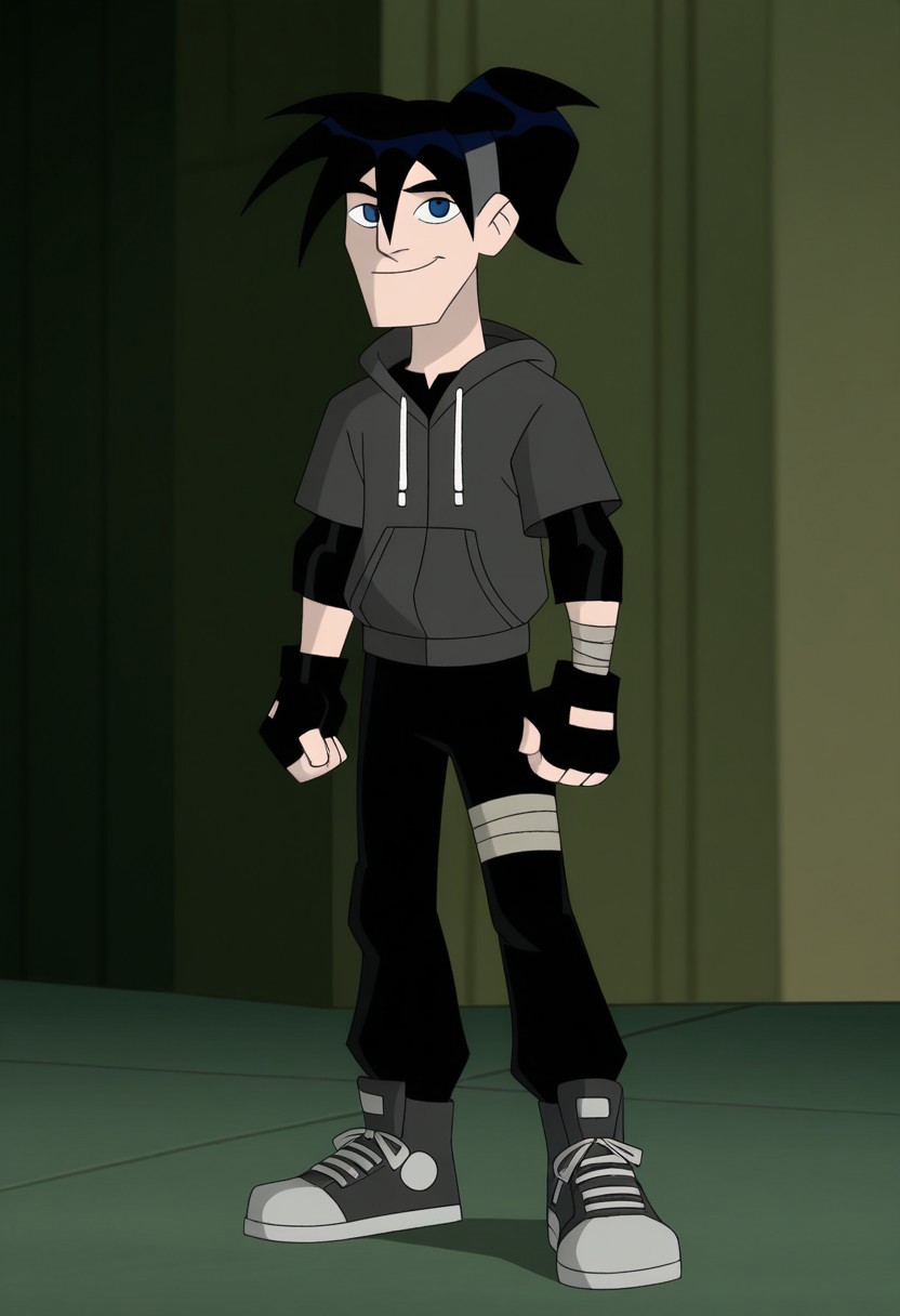 score_9, score_8_up, score_7_up, LevinDevlin, 2D animated, cartoon style 1boy, solo, Male, spiky hair with a ponytail, black hair, undercut, light skin, blue eyes, thin eyebrows, small nose, thin body, black long-sleeve shirt, gray short-sleeve, hoodie with white drawstrings, black pants, beige knee bandage, black and gray high-top sneakers, white soles, black fingerless gloves, happy