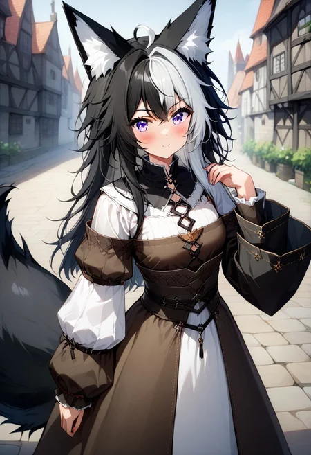 (score_9), (score_8_up), (score_7_up), masterpiece, source_anime, best quality, perfect anatomy, very aesthetic, absurdres, 1girl, ((Nemu, Foxgirl)), medieval, (Black Hair, (Black_Fox_Ears, Black_Fox_Tail, Left White Hair Highlight))