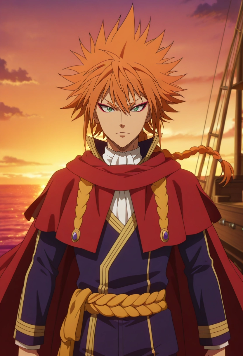 masterpiece, best quality, , anime screencap, , , , 1boy, solo, male focus, <lora:leopold_vermillion_ilxl:0.96>, leopold_vermillion, orange hair, green eyes, spiked hair, long hair, braid, single braid, makeup, eyeshadow, eyeliner, cape, sky pirates, airship deck, cloud sea, rope rigging, heroic pose, determined expression, sunset, suit vest,