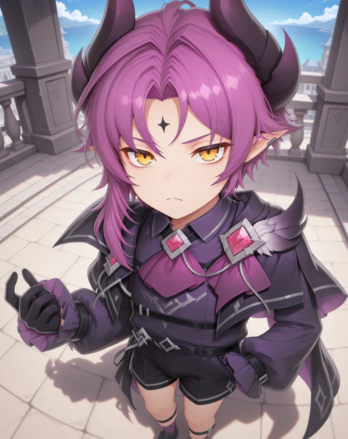 masterpiece, amazing quality, best quality, absurdres, very aesthetic,
1boy, solo, yaoi, male focus, full body, from above, standing, looking at viewer, face focus,
<lora:Veigas_T_Default_ilxl:1> veigastdefault, demon horns, yellow eyes, purple hair, pointy ears, forehead mark, demon boy, parted bangs, black horns,asymmetrical hair,
black shorts, collared shirt,purple ascot, black gloves, puffy long sleeves, purple cape, black shirt, black jacket, black cape, purple shirt, frilled sleeves, puffy sleeves, purple gloves, jewelry, sleeves past wrists, open clothes, purple necktie, purple vest, frown, brooch,
purple socks, black footwear, legwear garter, black socks, shoes,
outdoors, day, blue sky,