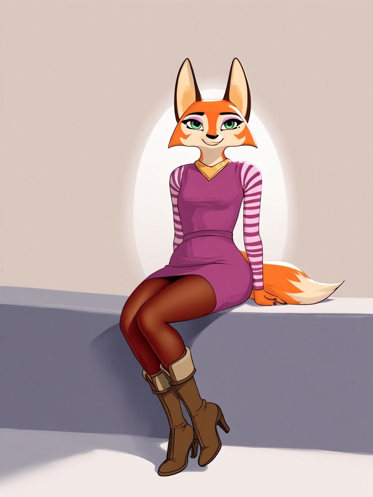 score_9,score_8,source_furry,
<1girl:1.5>,
<solo:1.5>,
fox girl, meika_rracer, meika_fox, 1girl, solo, tail, furry female, furry, half-closed eyes, happy, smile, sitting, dress, green eyes, animal ears, long sleeves, high heels, fox tail, pantyhose, looking at viewer, fox ears, breasts, striped, orange fur, short hair, makeup, yellow fur, small breasts, closed mouth, body fur, eyeshadow, shirt, full body, boots, animal nose, artist name, brown footwear, purple dress, sleeveless, watermark, short dress, white fur, orange hair, safe, casual, casual clothes,
 <lora:Meika_Rimba_Racer_Pony_SDXL:1> meika_rracer