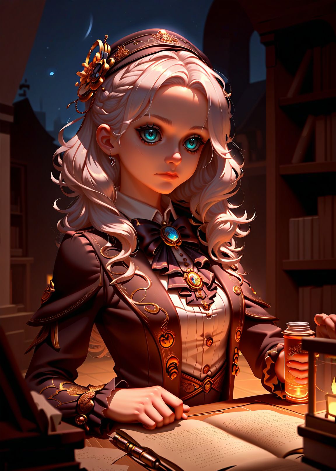 score_9, score_8_up, score_7_up, rating_safe, elegant,arrogant,dress,night sky,bookstore, library,hair ornament, <lora:Load-Identity:1>,identitiv,face close up,portrait, steampunk, long hair,white hair