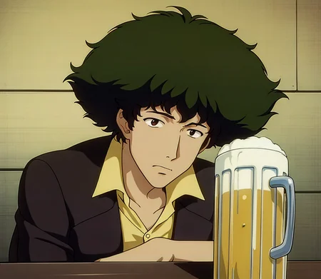 masterpiece, best quality, 1boy, spike spiegel, drinking beer, table, silly face