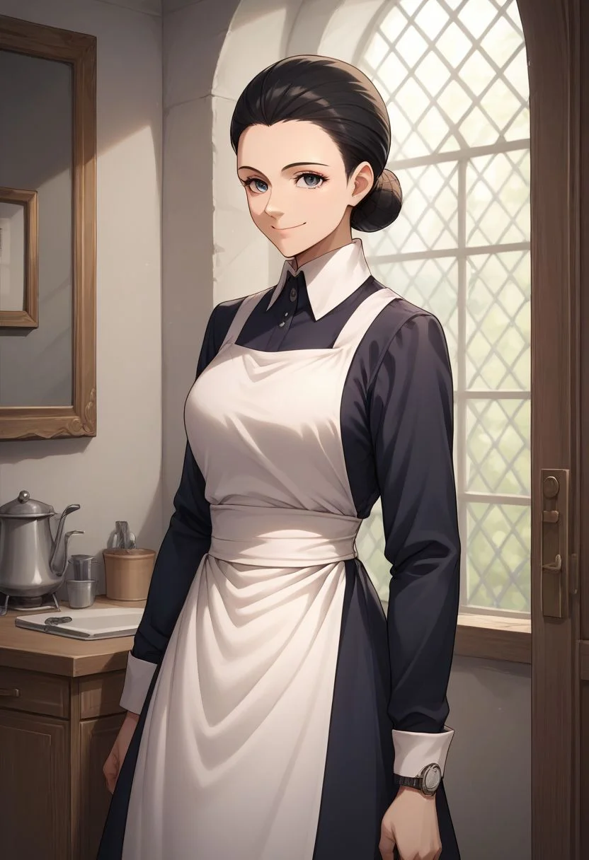 score_9, score_8_up, score_7_up, source_anime, highly detailed, 
isabella, 1woman, 1girl, solo, apron, maid, boots, black hair, upper body, smile, single hair bun,
looking at viewer, dress, pocket watch, hold,  hold pocket watch, hair bun, maid apron,
indoor,