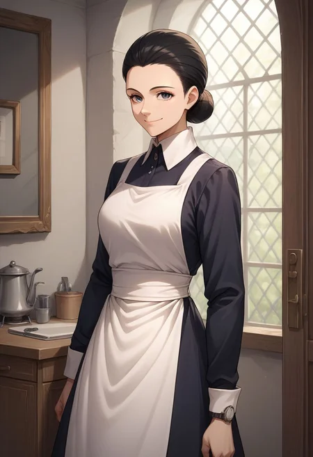 score_9, score_8_up, score_7_up, source_anime, highly detailed,
isabella, 1woman, 1girl, solo, apron, maid, boots, black hair, upper body, smile, single hair bun,
looking at viewer, dress, pocket watch, hold, hold pocket watch, hair bun, maid apron,
indoor,