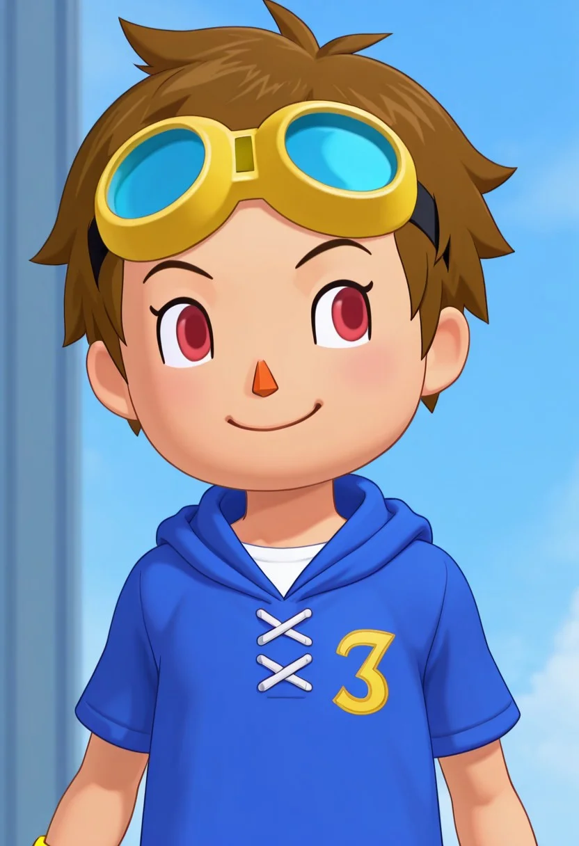 source_anime,score_9,score_8_up,score_7_up, smile, closed mouth, solo, detailed, 1boy, male focus, TakatoM, 1boy, solo, brown hair, red eyes, goggles on head, blue hoodie, yellow wristband, smile,detailed face, detailed eyes, portrait,detailed, intricate details, highres, absurdres, best quality, amazing quality, masterpiece, BREAK animal crossing style, 3d