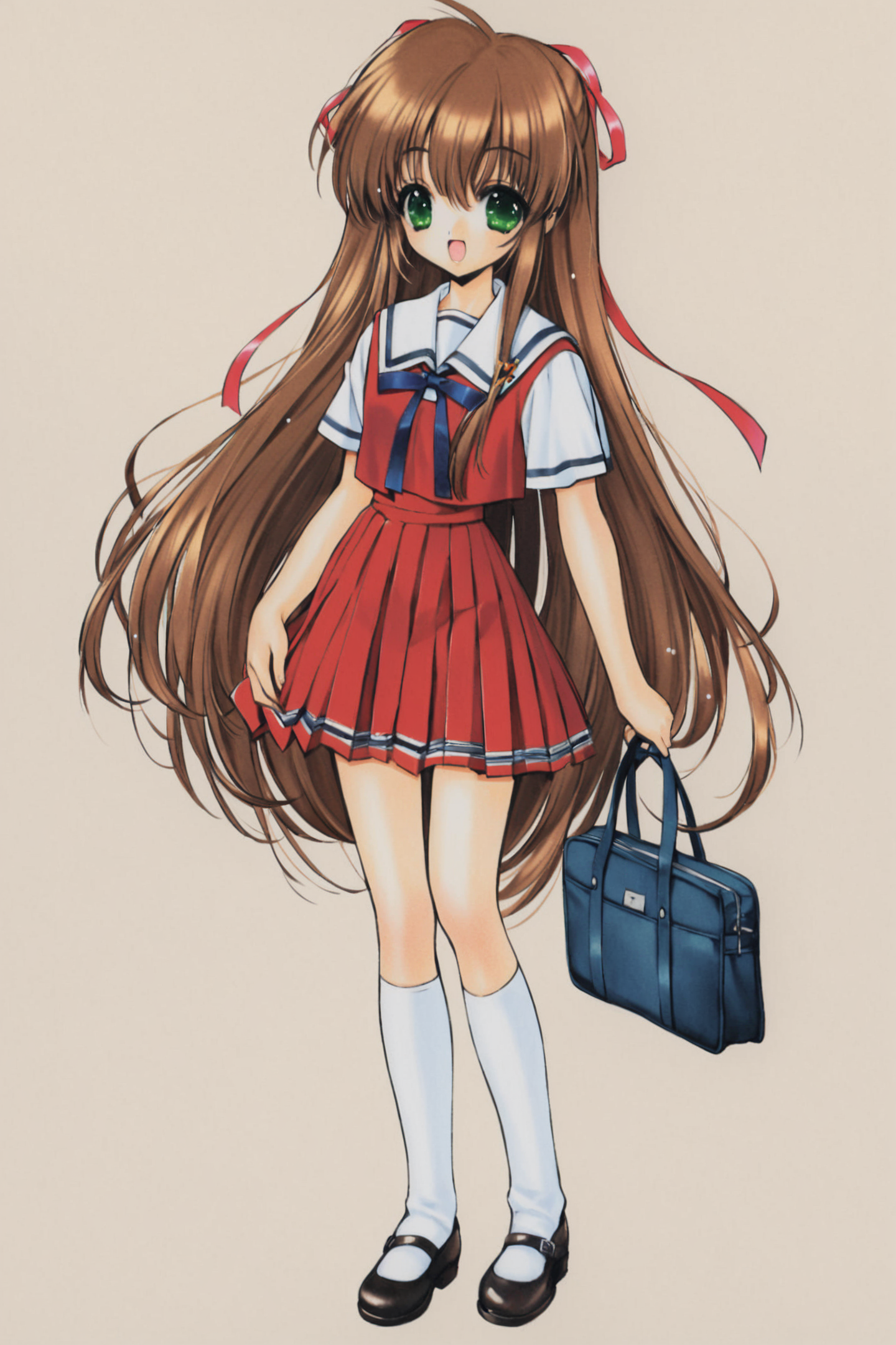 1girl,solo,green eyes,long hair,school uniform,skirt,brown hair,ribbon,shoes,socks,mary janes,hair ribbon,pleated skirt,bag,school bag,very long hair,red skirt,standing,full body,open mouth,short sleeves,white socks,kneehighs,smile,(simple background:1.5),white background,<lora:Ramiya Ryou_XL:0.8>,