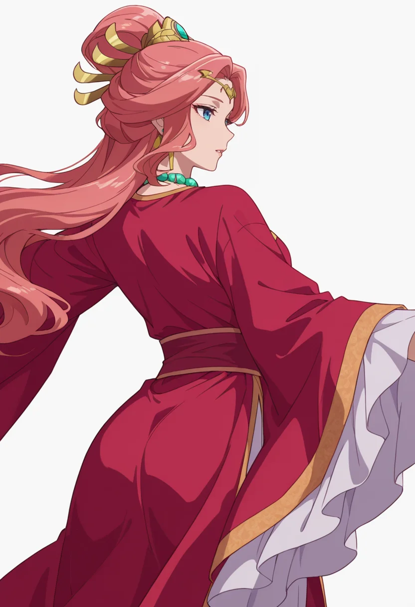 Smooth Quality,masterpiece,very intricate, high quality details, ultra realistic, high detailed skin,detailed enviorement,absurdres,
simple background, white background,solo,
from behind,parted lips,dancing, 
<lora:Gyokuyou_CNR:0.8> gyokuyou_cnr, 1girl, red hair, pink hair, blue eyes, long hair,chinese clothes, dress, long sleeves, wide sleeves,earrings, necklace, jewelry