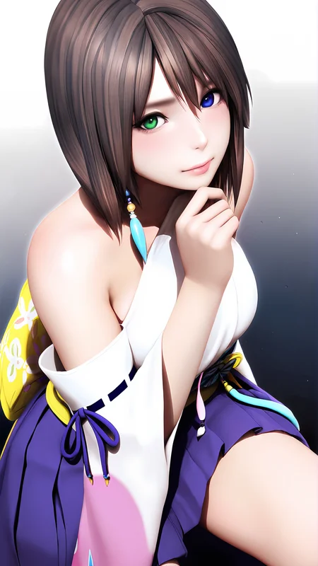 amazing quality,absurdres,best quality,masterpiece,highres,newest,detailed,detailed body,detailed face,masterpiece,best quality,solo,
youna,1girl,yuna \(ff10\),solo,heterochromia,brown hair,skirt,japanese clothes,hakama skirt,detached sleeves,hakama,purple hakama,short hair,blue eyes,green eyes,<lora:youna:0.9>,