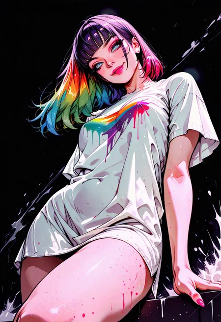 masterpiece, best quality, 32k, high resolution, absurdres, 1girl, solo, long hair, rainbow hair, colorfull hair, rainbow colors, blunt bangs, blue eyes, thick eyeliner and mascara, long eyelashes, pink lipstick, colorfull nails, slender body, medium breasts, HD32k, dynamic pose, aesthetic, perspective, solo, detailed eyes, sensual look, pinup pose, , side view, white t-shirt, oversized t-shirt, nipple peek, abstract blackground, black background, low angle view, little smile, color paint, paint splashes,