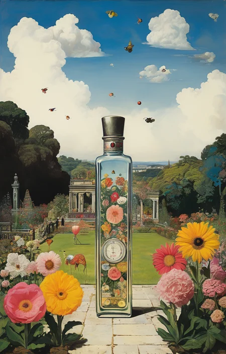 masterpiece,best quality,<lora:tbh284-sdxl:0.9>,illustration,style of Peter Blake A bottle of perfume in garden
