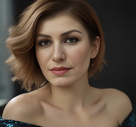 An image of a woman offering a sophisticated over-the-shoulder look towards the viewer. Her body is turned to the side, and she turns her head to make eye contact with the camera. Her left hand touches her cheek, with her thumb resting on her chin. Her hair is styled in an updo with soft tendrils by her face. She has freckles across her nose and cheeks, and her makeup highlights her eyes and lips subtly. She wears a dark off-the-shoulder dress with sequined accents on the neckline and sleeves  <lora:Selwa:1.1>