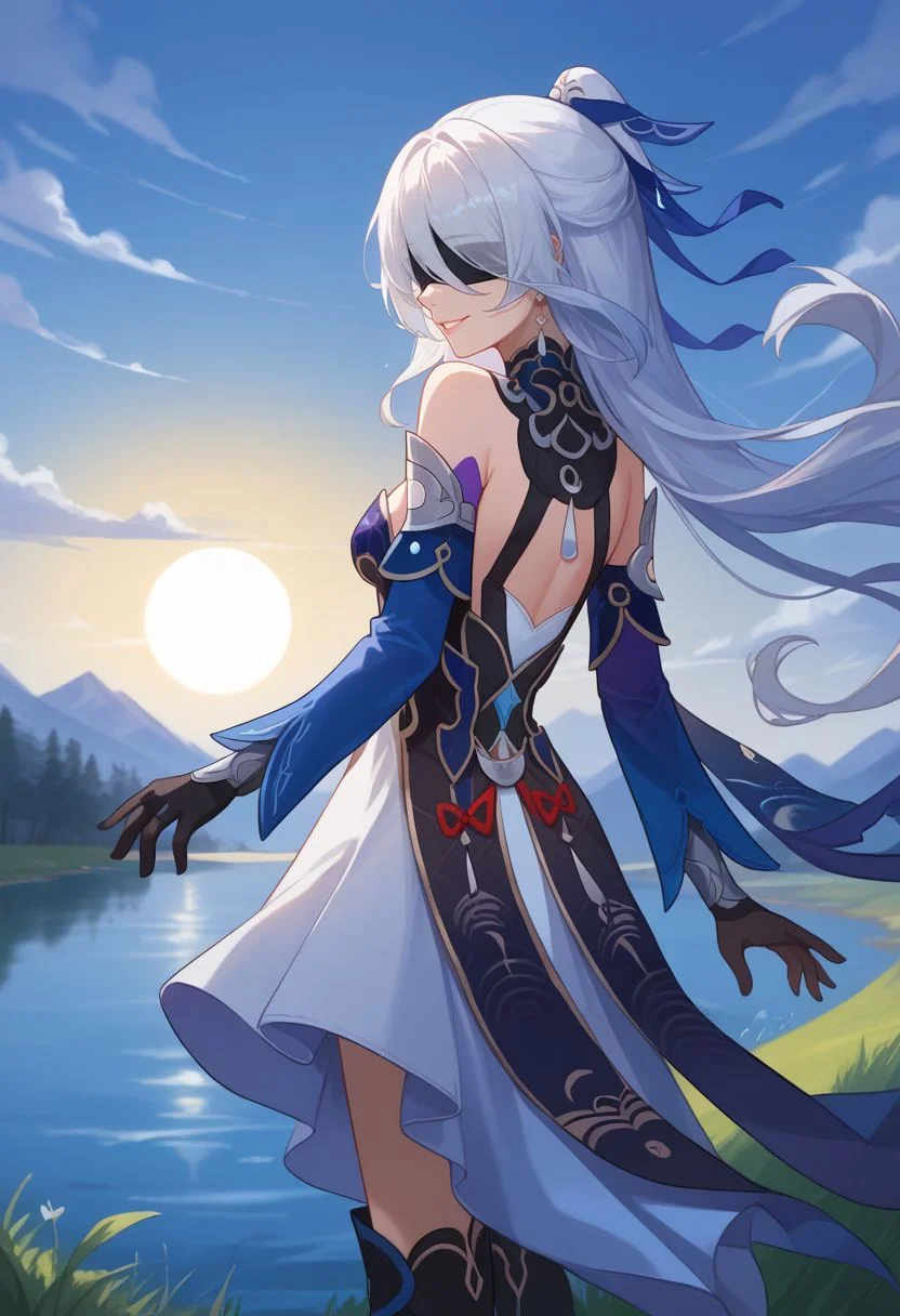 score_9, score_8_up, score_7_up, source_anime, 1girl, jingliudef, black blindfold, covered eyes, white hair, long hair, high ponytail, earrings, jewelry, medium breasts, bare shoulders, detached sleeves, blue sleeves, blue dress, cleavage, black gloves, white skirt, black footwear, boots, smile, standing, waving, looking at viewer, outdoors, lake, grass, sun, upper body, from behind, back, looking back, <lora:Jingliu_v1-000010:1>
