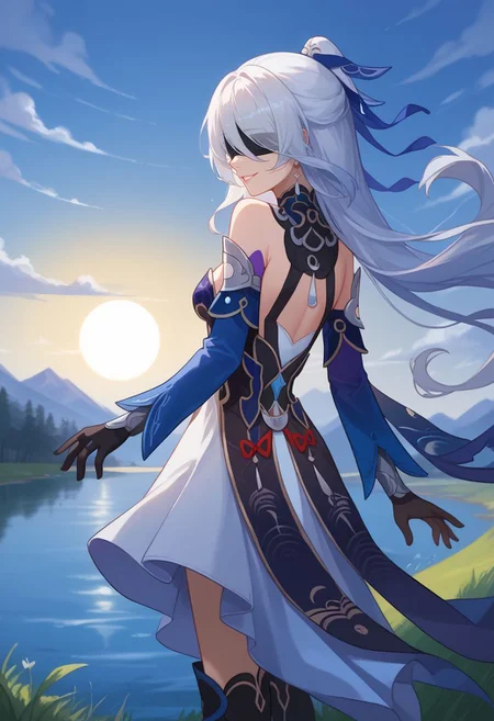 score_9, score_8_up, score_7_up, source_anime, 1girl, jingliudef, black blindfold, covered eyes, white hair, long hair, high ponytail, earrings, jewelry, medium breasts, bare shoulders, detached sleeves, blue sleeves, blue dress, cleavage, black gloves, white skirt, black footwear, boots, smile, standing, waving, looking at viewer, outdoors, lake, grass, sun, upper body, from behind, back, looking back, <lora:Jingliu_v1-000010:1>