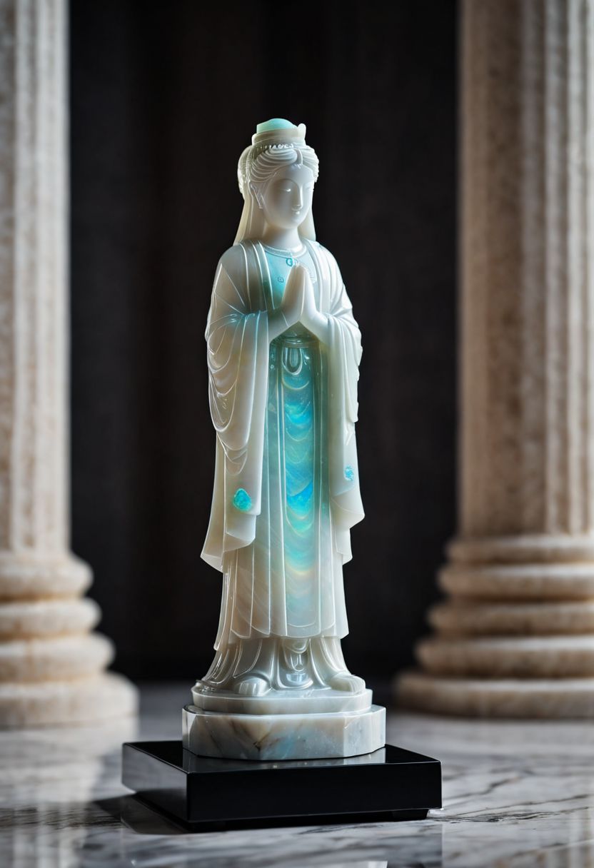 Fujifilm XT3, Sony A7 IV, (award winning photography) a marble simple stylized ishtar (figurine) made of opal (Kintsugi: 0.89) set on a pedestal in temple, glistening. in the background beautiful pillars, divine (iridescent: 0.79), opalescent textures, volumetric light, ethereal, sparkling, studio photo, highly detailed, sharp focus (highest quality: 1.39) (highest coherency: 1.39) (award winning photography), highly detailed photography, (muted colors, cinematic, dim colors, soothing tones:1.2), vibrant, insanely detailed, hyperdetailed, (dark shot:1.2), (vsco:0.3), (intricate details:0.9), (hdr, hyperdetailed:1.2) (vignette), sss, raw photo, fijifilm, kodak, cinematic film grain