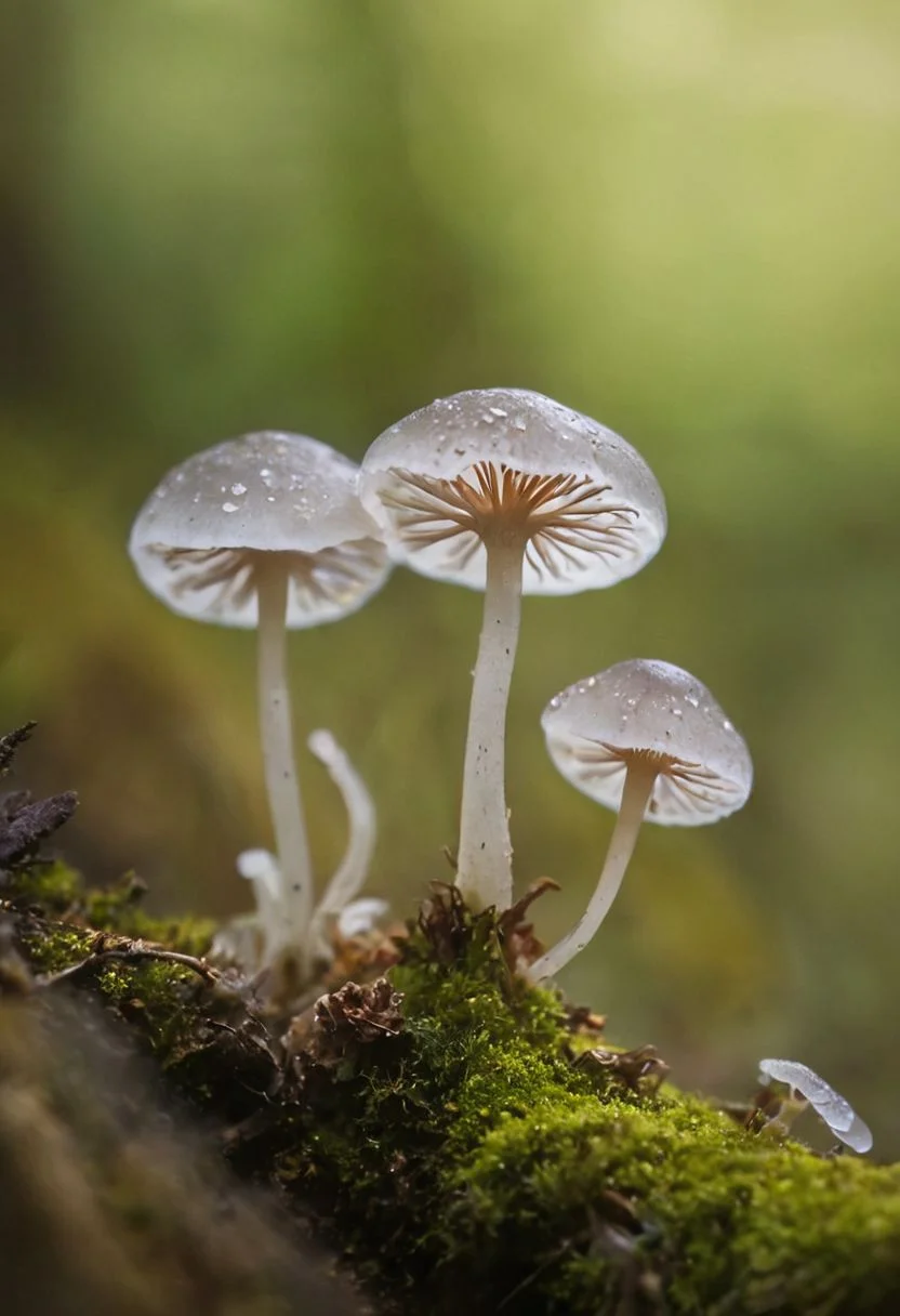 Delve into the enchanting microcosm of "Plants and Fungi" as you explore the delicate beauty of Mycena fungi, captured in Recarei, Paredes, Portugal. This macro shot reveals the intricate details of the tiny fungi, showcasing their fragile stems and delicate caps with crystal-clear precision. In the foreground, soft flowers add an extra layer of natural charm, their petals framing the fungi like nature's own artwork. Set against a backdrop of the forest floor, the fungi and flowers stand out in sharp focus, while the surrounding environment melts away into the most exquisite bokeh. Small, twinkling bokeh lights in the background, like tiny orbs of magic, create a dreamlike atmosphere that highlights the ethereal beauty of the scene. This mesmerizing image, shot with a Canon EOS R5 paired with a Canon RF 100mm f/2.8L Macro IS USM lens, captures every fine detail and subtle texture with stunning clarity. Immerse yourself in the hidden wonders of the natural world, where the interplay of light and shadow, combined with the finest bokeh and the charm of foreground flowers, elevates the humble Mycena fungi to a work of art.