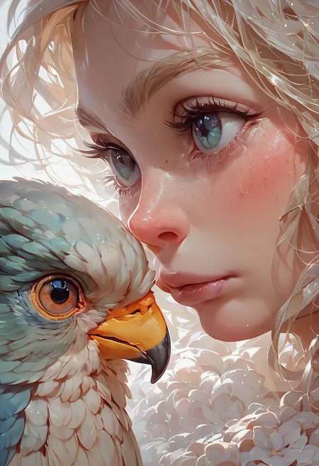 score_9, score_8_up, score_7_up, score_6_up, score_5_up, animalclose-up, 1girl and a white beautiful bird, the girl is blonde, the bird is a white,