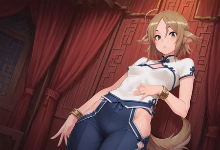 masterpiece, best quality, amazing quality,, (1girl, solo) noa riads, animal ears, green eyes, tail, brown hair, short hair, ahoge, dog ears, dog tail, long tail, , small breasts,chinese clothes, solo, dress, bracelet, ribbon, pants, blue pants, makeup, short sleeves, shiny skin, shiny body, shiny hair, (best quality) , (highly detailed) ,((masterpiece)), ((best quality)), (ultra-detailed), ((extremely detailed)), (high resolution), 4K, (8K), best quality, (beautiful), (dynamic lighting), (super detailed skin), sharp focus,detailed eyes、detailed face and detailed skin detailed eyes、detailed face and detailed skin, skindentation, clear skin, shiny hair, ultra detailed eyes, depth of field, sharp, intricate details, hyperdetailed, shindol, Shindol style