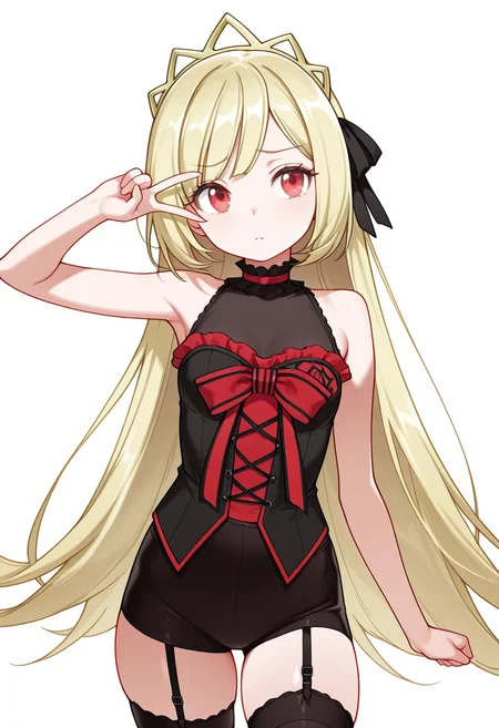 Smooth Quality,masterpiece,very intricate, high quality details, ultra realistic, high detailed skin,detailed enviorement,absurdres,
v over eye,
<lora:Ecute_CNR:0.8> ecute_cnr, 1girl, blonde hair, very long hair, red eyes,, simple background, white background, front view,solo,, furrowed brow,, compression shirt, ,waistcoat, ,garter straps, ,