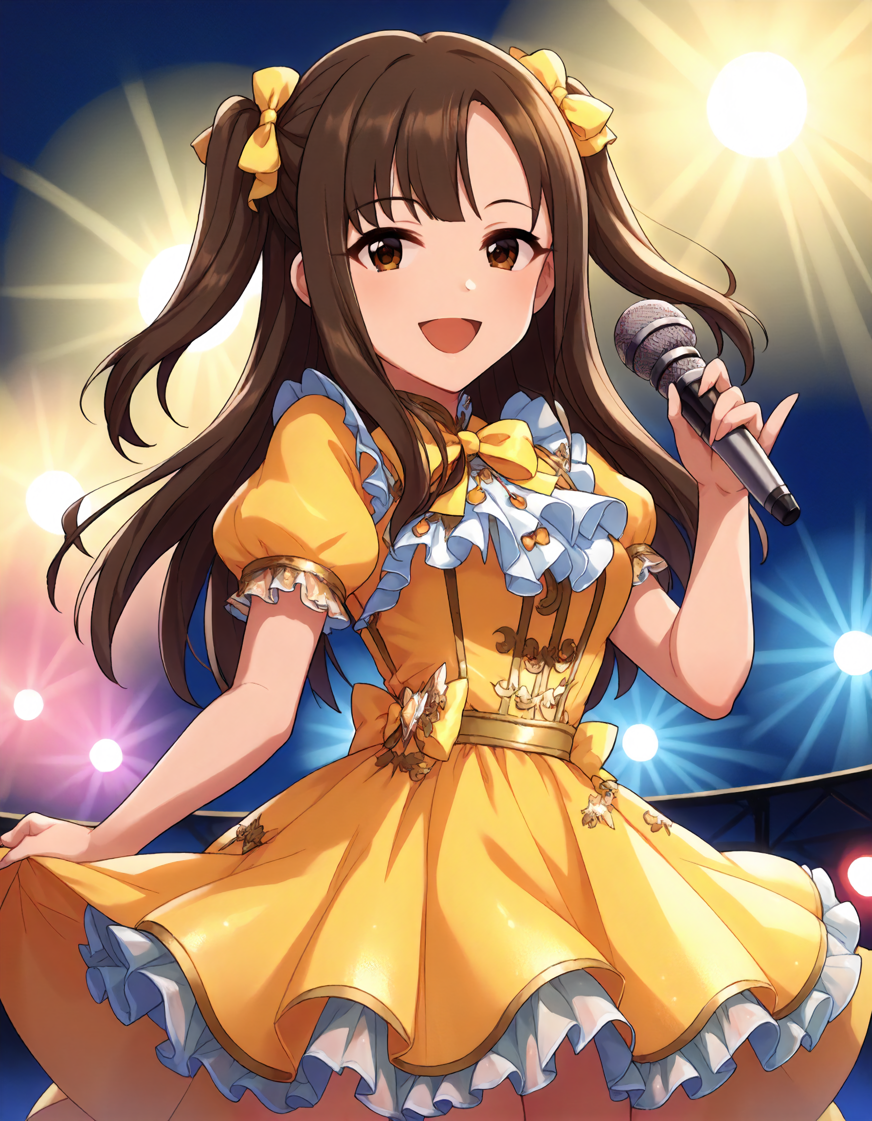 score_9,score_8_up,score_7_up,1girl,solo,cowboy shot,looking at viewer,smile,open mouth,holding microphone,stage lights,
<lora:mizumotoyukari_ponyXLV6:0.8>,cgmy,
brown hair,long hair,two side up,brown eyes,
yellow bow,yellow dress,puffy short sleeves,frills