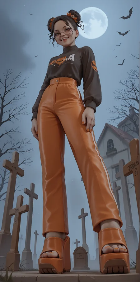 score_9, score_8_up, score_7_up, score_6_up, realistic,
wide angle, standing, low angle, foot focus, from side,
standing,
1girl, dark skin, goth, curly hair buns, round glasses, hair ornament, evil smile, fangs,
(mega wedge heels:1.2), platform footwear,
orange romper, skintight clothing,
halloween scene, fog, cemetery, night,
orange toenail polish,
embedding:zPDXLrl ,
embedding:zPDXL2 ,