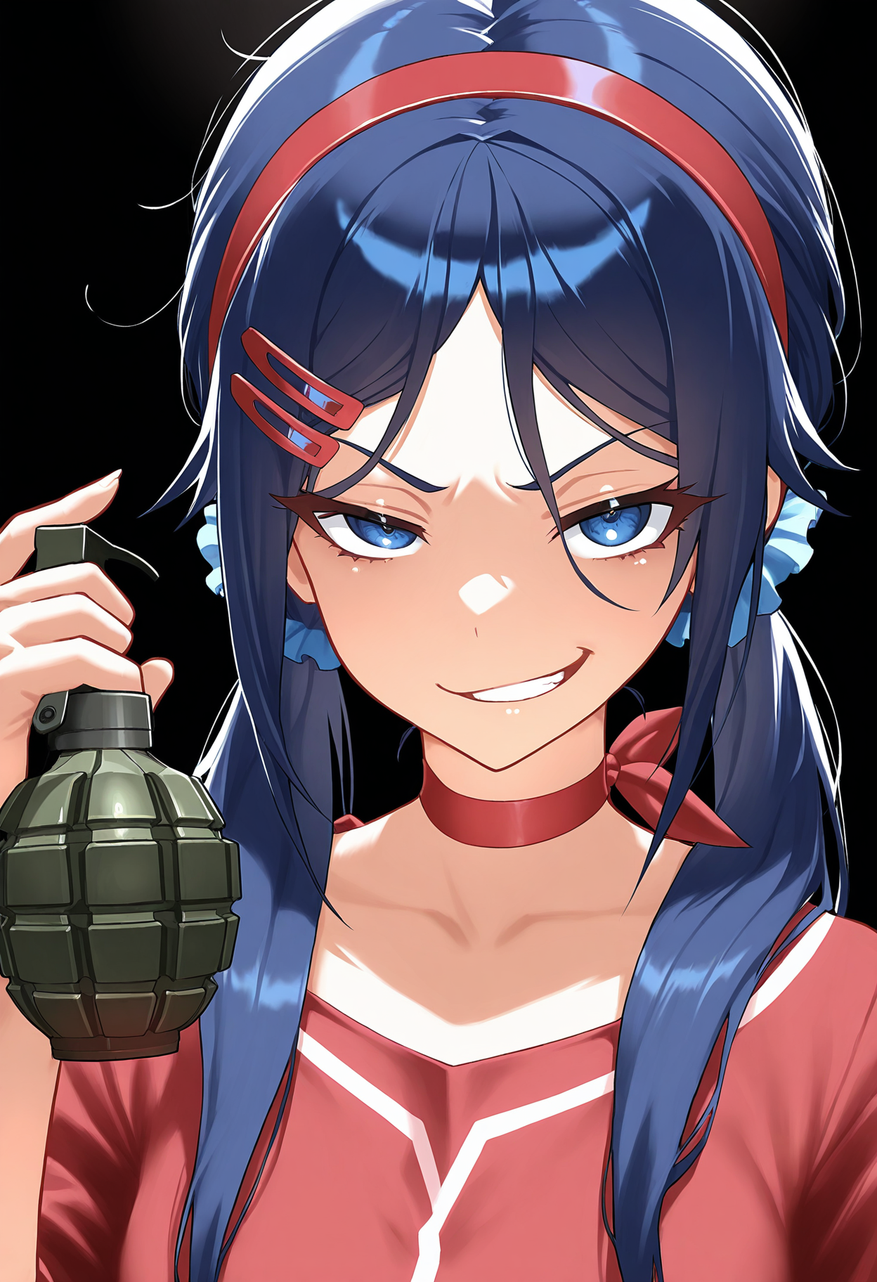 1girl, crazy mita \(miside\), masterpiece, blue eyes, low twintails, red hairband, blue scrunchie, red hairclip, red choker, smirk, upper body, black background, blue hair, red shirt, holding grenade,