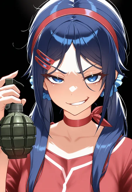 1girl, crazy mita \(miside\), masterpiece, blue eyes, low twintails, red hairband, blue scrunchie, red hairclip, red choker, smirk, upper body, black background, blue hair, red shirt, holding grenade,