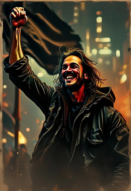 portrait of a male anarchist on a progaganda poster with cyberpunk elements. long dark hair. he is happy and laughing and raising a fist. In the background is a black flag waving