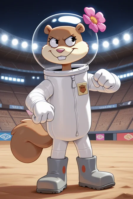 masterpiece, best quality, amazing quality, absurdres, sandycheeks, furry female, brown fur, solo, smile, serious, confident, fighting stance, pink flower, space helmet, white spacesuit, grey boots, outdoors, stadium, arena, colosseum