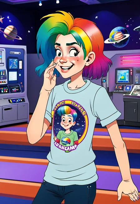 <lora:InfiniteTina:.6> a 14-year-old InfiniteTina with rainbow hair feels sick at Space Camp after going on the simulator.