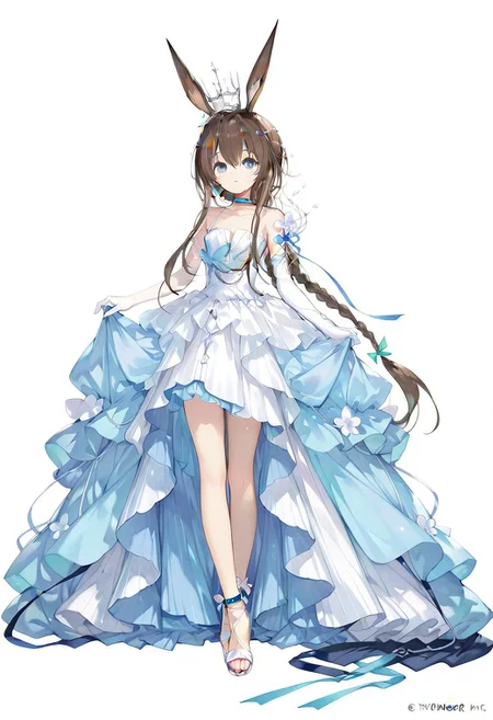 artist:Tsunako,(artist:miyase mahiro:0.55),(artist:ke-ta:0.8),masterpiece,best quality,amazing quality,1girl, amiya(arknights),arknights,amiya,yinlvlianjue,rabbit ears,brown hair,blue eyes,long hair,single braid,strped dress,ribbons,elbow gloves,crown,shoulder,choker,ankle bracelet,sandal,heels,white background,