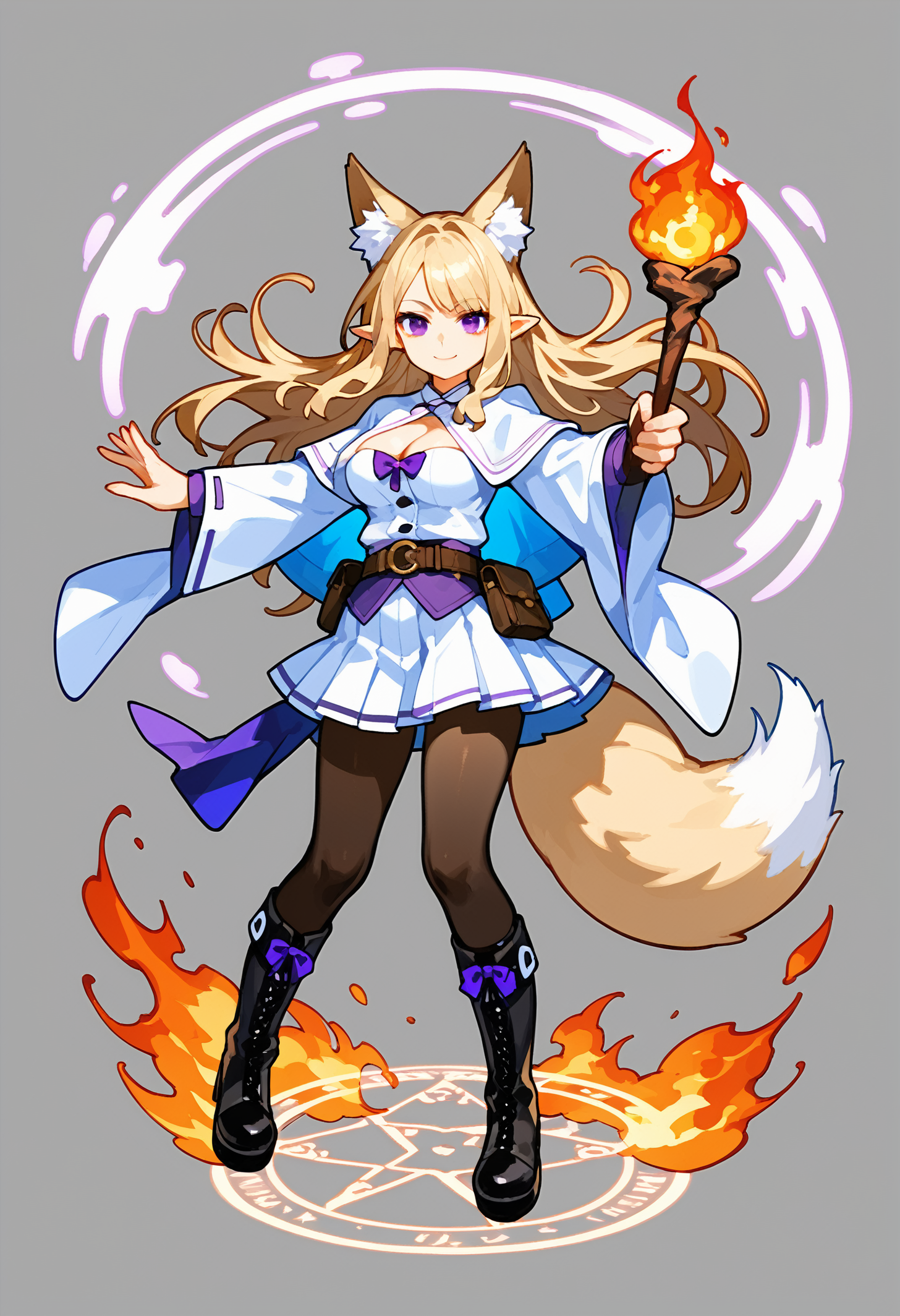 score_9, score_8_up, score_7_up, score_6_up, source_anime, anime, 
full body, grey background, simple background, tachi-e, 
., 
, 
1girl, solo, looking at viewer, 
, 
fox girl, animal ears, tail, long hair, blonde hair, pointy ears, purple eyes, brown hair, fox ears, white hair, fox tail, animal ear fluff, bangs, extra ears, floating hair, big breasts, 
, 
bow, long sleeves, black high boots, black pantyhose, purple bow, belt, pouch, white dress, belt pouch, white skirt, pleated_skirt, 
, 
hands holding weapons, fighting stance, (1 weapon:1.2), staff, holding staff, closed mouth, outstretched arms, smile, Showing breasts, cleavage, 
, 
fire, magic circle, magic, 
<lora:tianwaiXLP6lokrV53P1T1-000208:0.4>