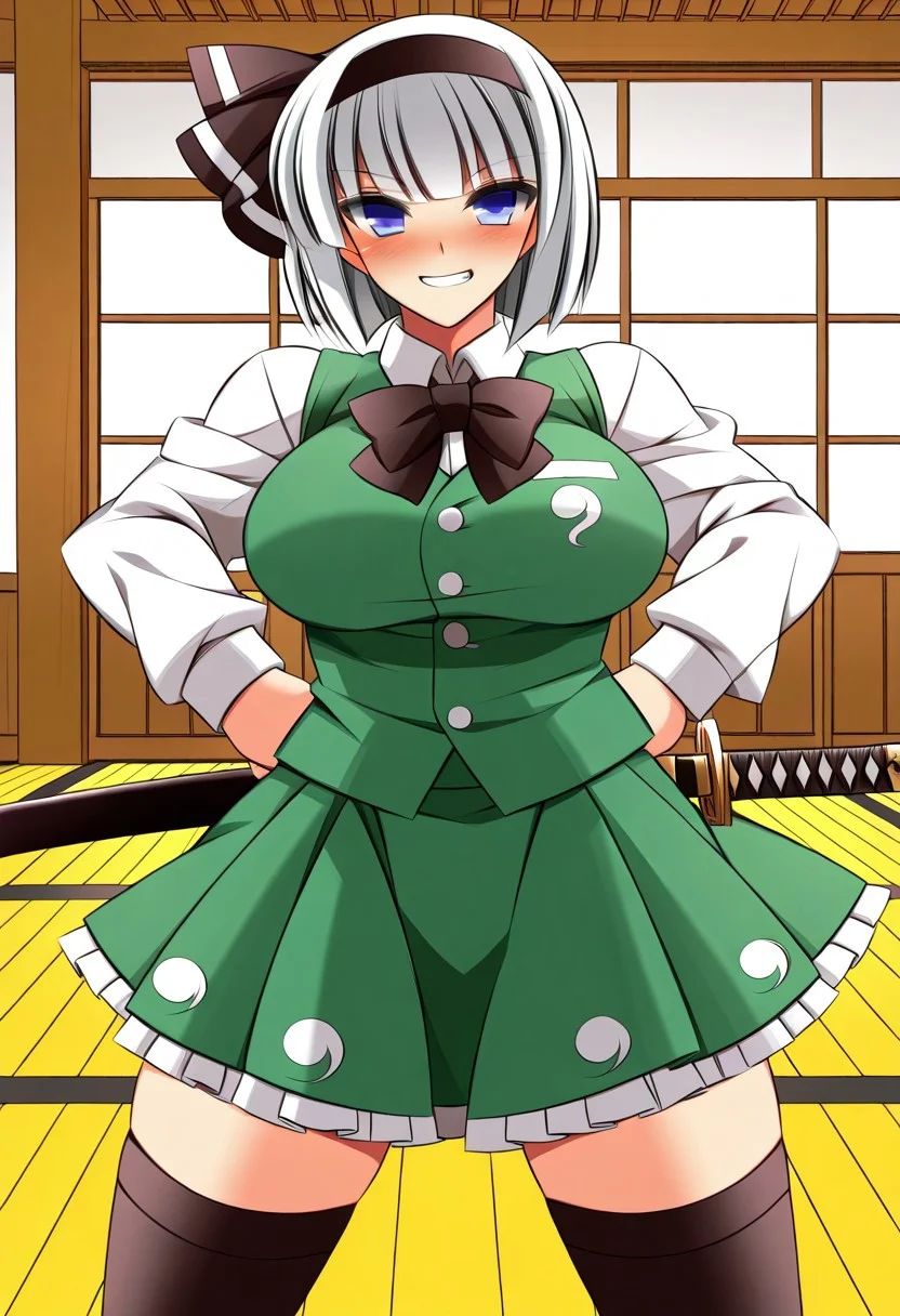 ueda katsuhito style, ((dojo)), (1girl), ((solo)), ((tall)). (standing), (posing), (arms on hips), (legs apart), (looking at viewer), cheeky smile, (blush), ((konpaku youmu)), ((large breasts)), white hair, short hair, blunt bangs, blue eyes, hairband, hair ribbon, black ribbon, black bowtie, white shirt, collared shirt, green vest, green skirt, ((black thighhighs)), ((katana on hips)), teeth