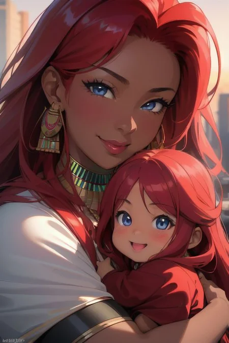 masterpiece, best quality, ultra realistic, 8k uhd, very high quality, extremely detailed face:, very dark skin and very muscular Egyptian-Japanese mother holding her very dark skin female toddler, both are smiling and happy, both have very dark skin as well as bright blue eyes and absurdly long ruby red hair, super long ruby red hair, muscles, city background